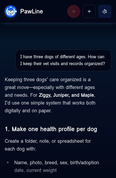 PawLine app chat with three demo dogs selected, answering a question about organizing vet visits and records